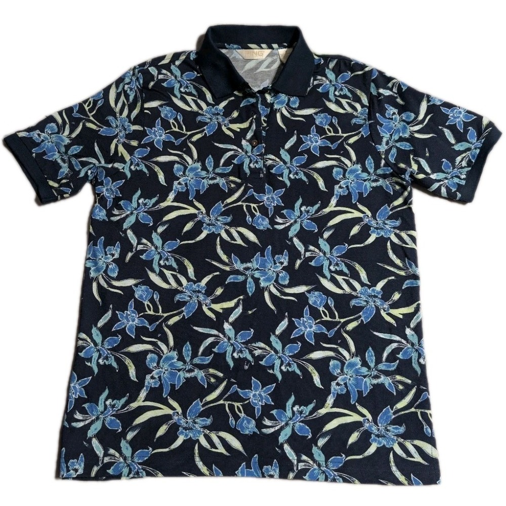 PING Golf Polo Shirt Mens M Blue Floral Hawaiian Print Short Sleeve